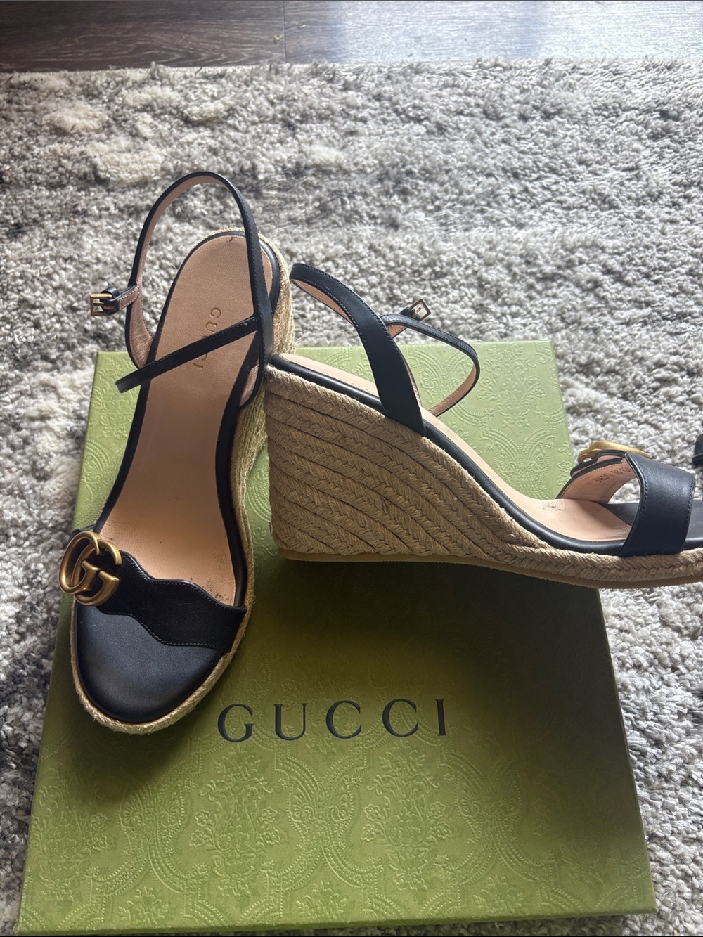 Gucci Black Leather Jute Espadrille Wedge Sandals with Gold GG
